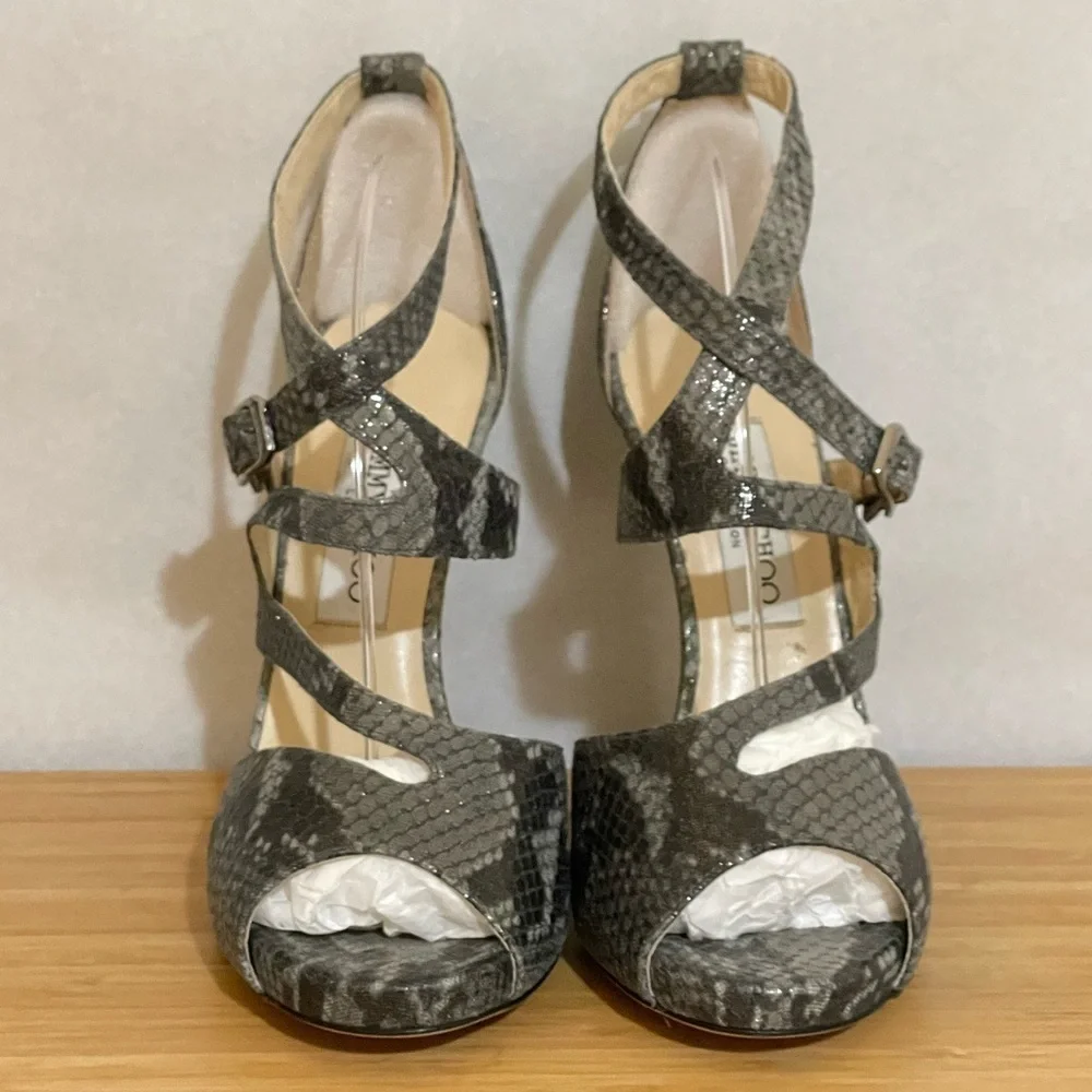 Jimmy Choo glitter animal print wrap around strappy ankle pump 38.5 120mm